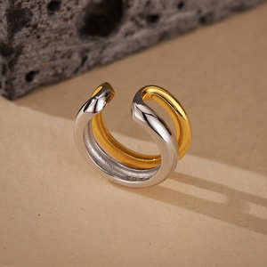 Two-tone S925 sterling silver double-layer open ring with minimalist geometric design