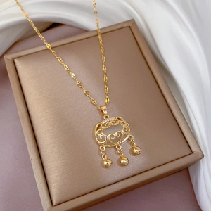Titanium Steel Chain Necklace Copper Ruyi Lock Pendant With Faux White Stone Rhinestone Tassel Vintage Style For Women