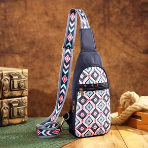 Close-up of bohemian sling bag with geometric patterns and colorful wide shoulder strap