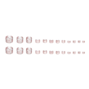 Cat eye liquid metal design toe nail press-ons in pearly pink with silver ribbon details