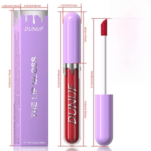 DUNUF glossy lip gloss size and product specifications with purple packaging