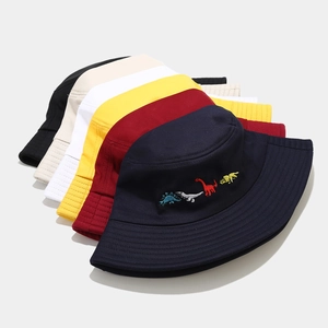 Foldable cotton bucket hat with cute dinosaur embroidery in various trendy colors
