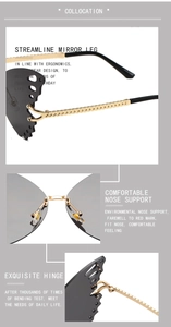 Detail of butterfly wing lens edges, golden wavy temples and ergonomic nose pads