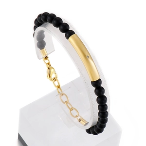 Vintage black onyx beaded bracelet with gold stainless steel curved bar for men