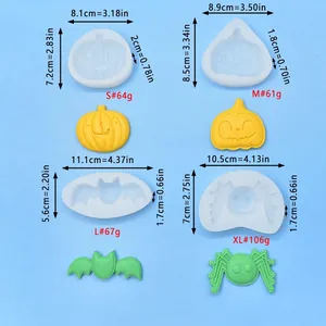 Halloween silicone molds set featuring pumpkin, bat and spider shapes with dimensions