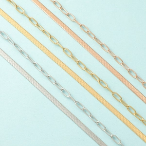 Double-layered snake and paperclip chains in gold, silver, and rose gold finishes
