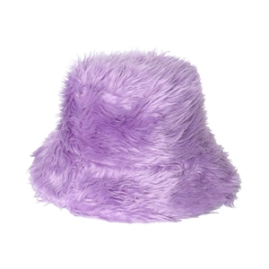 Solid purple fluffy faux fur bucket hat for women featuring soft plush texture
