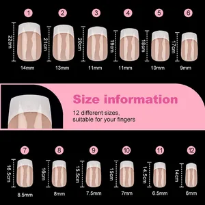 Size chart for 120pcs short square French press-on nails in 12 different sizes