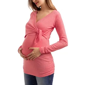 Umstandsmode Langarm Wickeloberteil Baumwollstrick V-Ausschnitt Stillshirt Seitliche Bindung Geraffte Bluse