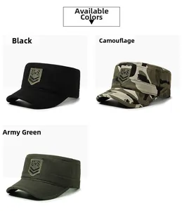 Detailed comparison of military-style flat top caps in black, army green and camouflage