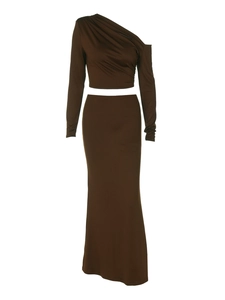 Set da donna 2 pezzi con top monospalla marrone scuro e gonna lunga a vita alta coordinata