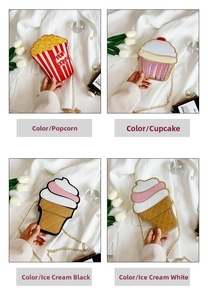 Detail view of cartoon crossbody bags in popcorn, cupcake, and ice cream cone shapes