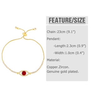 Macro detail of adjustable evil eye bracelet with red zircon and gold plating dimensions