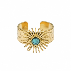 Detail of adjustable gold ring with sunburst pattern and turquoise stone inlay