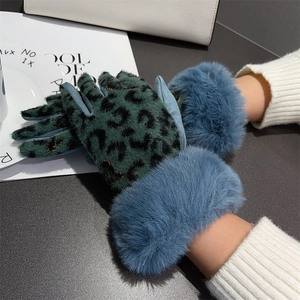 Guantes elegantes con estampado de leopardo y puños de piel sintética azul para mujer