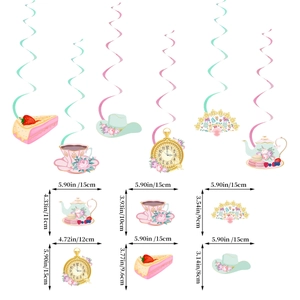 Tea party theme hanging swirl decorations with teapots and cakes for party atmosphere