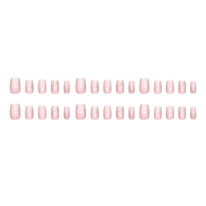 Short pink cat-eye press-on nails with 3D silver leaf patterns and glitter finish