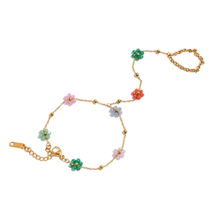 18K gold plated stainless steel bracelet with colorful crystal flower charms and beads