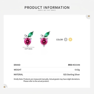 Cute S925 sterling silver cherry stud earrings with pink stones and green leaves