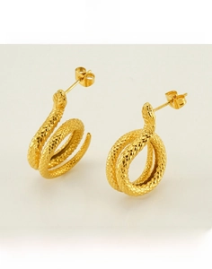 Close-up of 18K gold plated titanium steel snake earrings with detailed scale texture