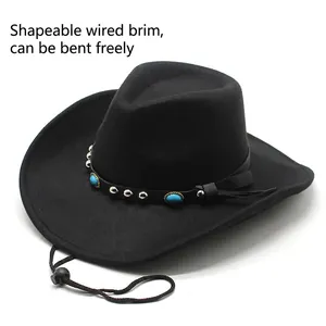 Chapeau de cowboy en laine noire avec bord malléable et ruban de perles turquoise