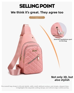 Pink nylon sling bag with quilted texture, adjustable strap and external headphone port
