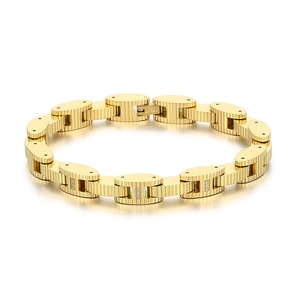 Golden 8mm wide stainless steel watch band bracelet with diamonds and gear texture