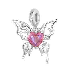 Butterfly Charm 925 Sterling Silver With Pink Heart Zircon Hollow Design DIY Jewelry Making For Women Girls