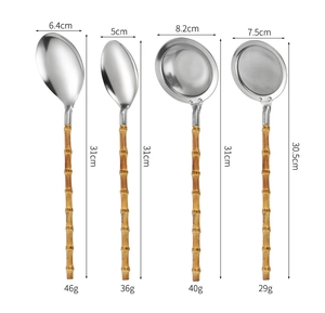 Detailed size chart for stainless steel spoons and skimmers with natural bamboo handles