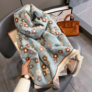 Floral Print Scarf Imitation Cashmere Warm Winter Large Shawl Wrap With Tassels Vintage For Women