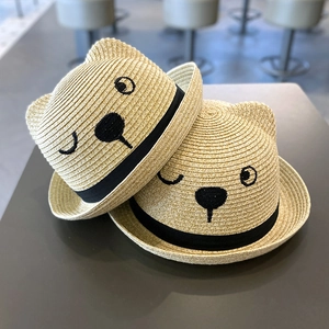 Kids Cute Woven Straw Sun Hat With Animal Ears And Cartoon Face Embroidery Breathable Summer Beach Hat For Toddlers