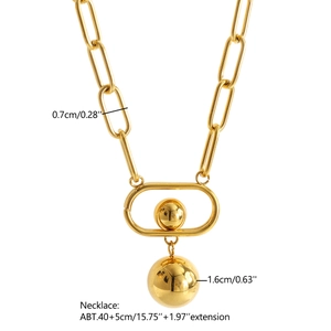 Detail of gold necklace showing paperclip chain and ball pendant dimensions