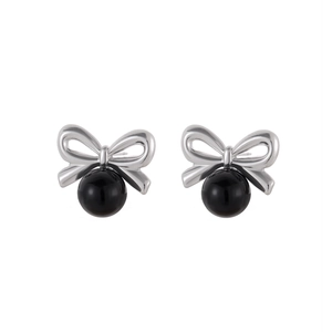 Boucles d'oreilles nœud argenté avec perle noire et plaqué or 18 carats femme