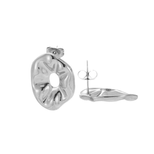 Modern wavy round stud earrings in silver stainless steel with hollow center design