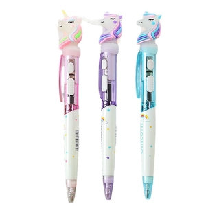 Cute unicorn glowing ballpoint pens in pink blue and purple colors for student stationery