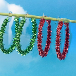 Christmas Tinsel Hoop Earrings Plush Metallic Glitter Large Round Festive Party Holiday Jewelry For Women Accessory