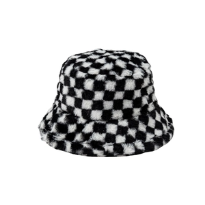 Unisex black and white checkerboard plush bucket hat in faux fur for winter warmth