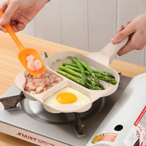 Maifan stone 3-section breakfast frying pan with wooden handle and silicone spatula