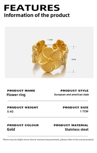 Detailed view of the gold flower ring with 1.7cm diameter and 1.6cm height measurements