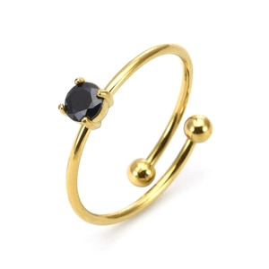 Minimalist adjustable gold ring featuring a prong-set round black gemstone and double beads
