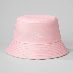 Detailed view of pink cotton bucket hat featuring white embroidered wave pattern stitching
