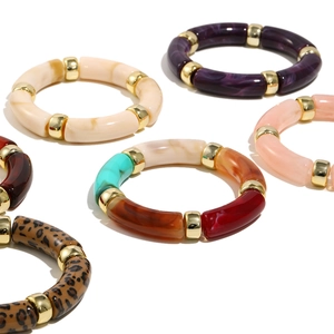 Retro acrylic stretch bamboo bracelets with leopard print and gold metal spacer beads