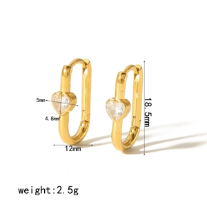 18K gold plated stainless steel U-shaped hoop earrings with heart-shaped zircon charms