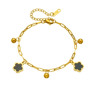 Chic 18k gold plated stainless steel paperclip chain bracelet with black flower charms