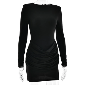 Close-up of black ruched detail on slim fit long sleeve high waist sexy bodycon dress