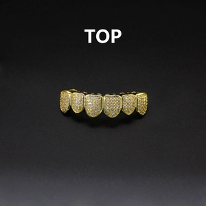 Hip hop gold plated grillz for upper teeth with micro-paved white cubic zirconia