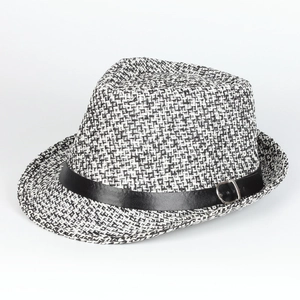 Summer Panama straw hat with black and white weave and faux leather buckle band