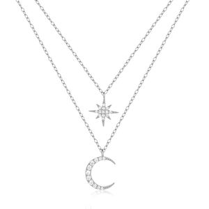 Double-layered S925 silver necklace with sparkling star and moon pendants for women