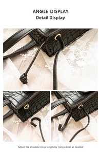 Detail of crocodile pattern leather bag showing adjustable knotted strap with metal eyelets