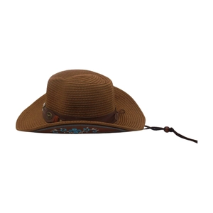 Détail de la broderie florale bleue sous le bord du chapeau de paille tissé marron